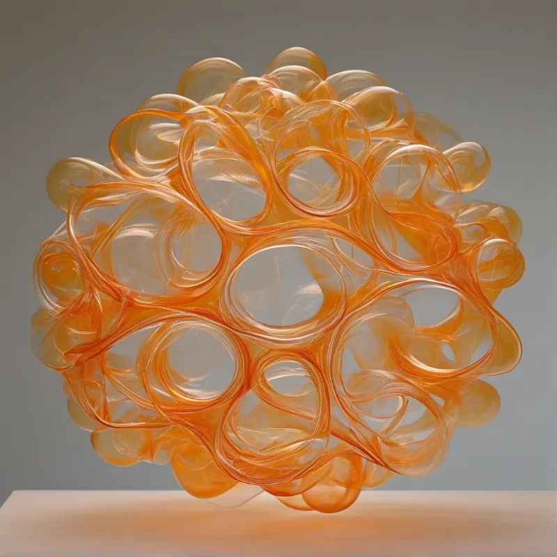 A tangled mass of see-through orange tubing creates a sphere against a plain neutral gray background.