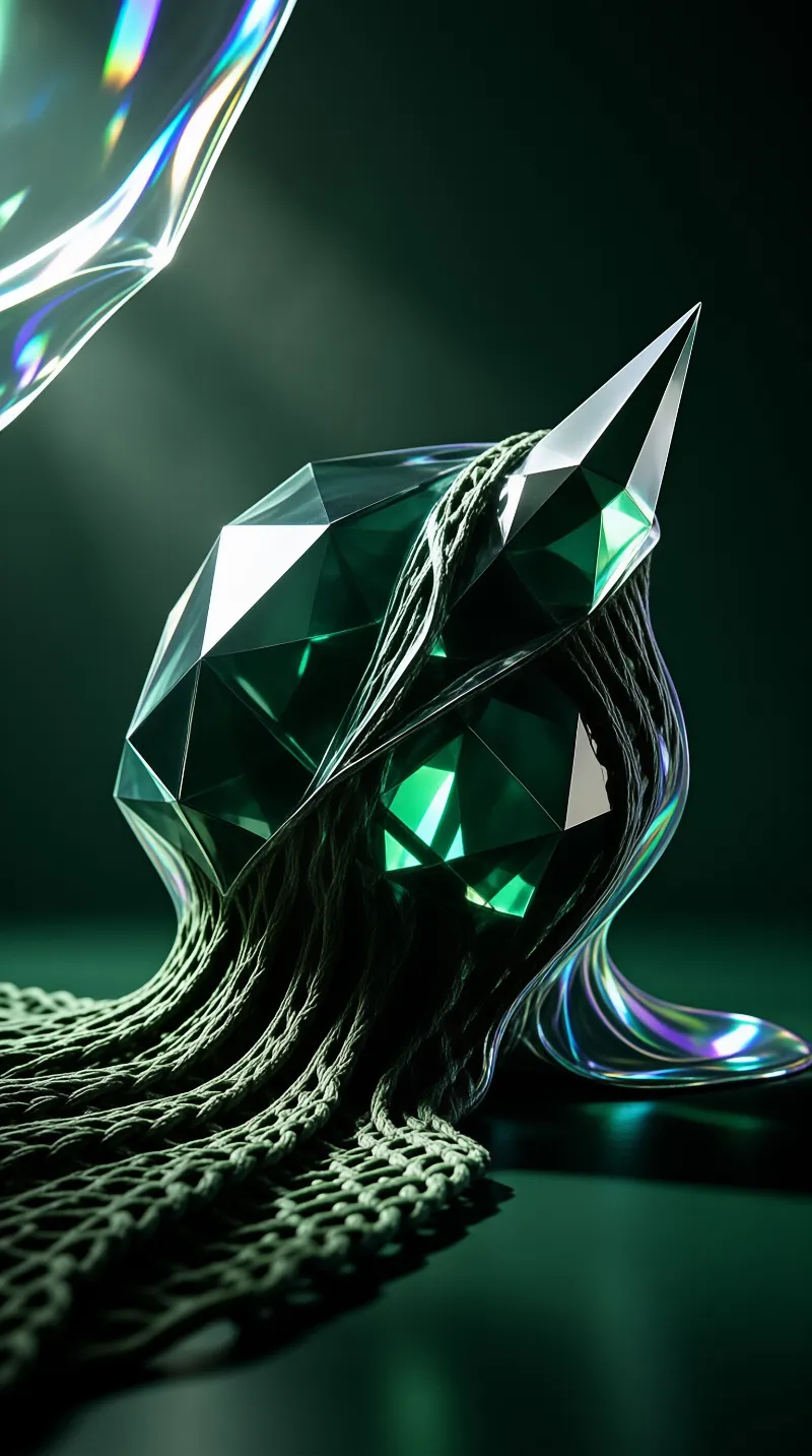 A massive green crystal with sharp facets is draped in textured knitting and iridescent glass.