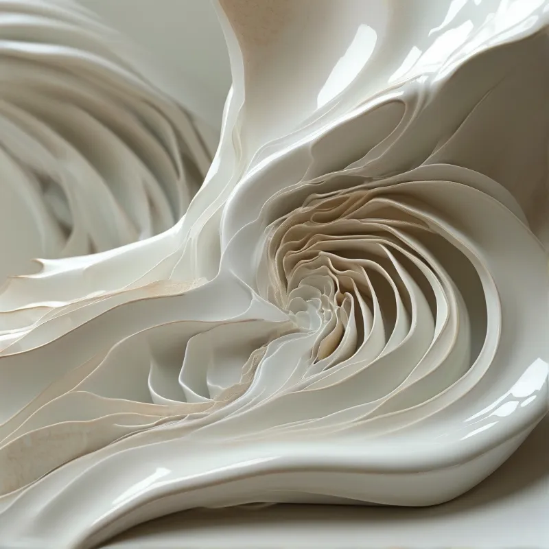 Thick white liquid forms smooth glossy curves as it swirls into a tight spiral under soft lighting.