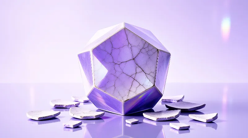 A glossy many sided solid with veined marble panels rests among broken shell fragments on a reflective lavender surface.