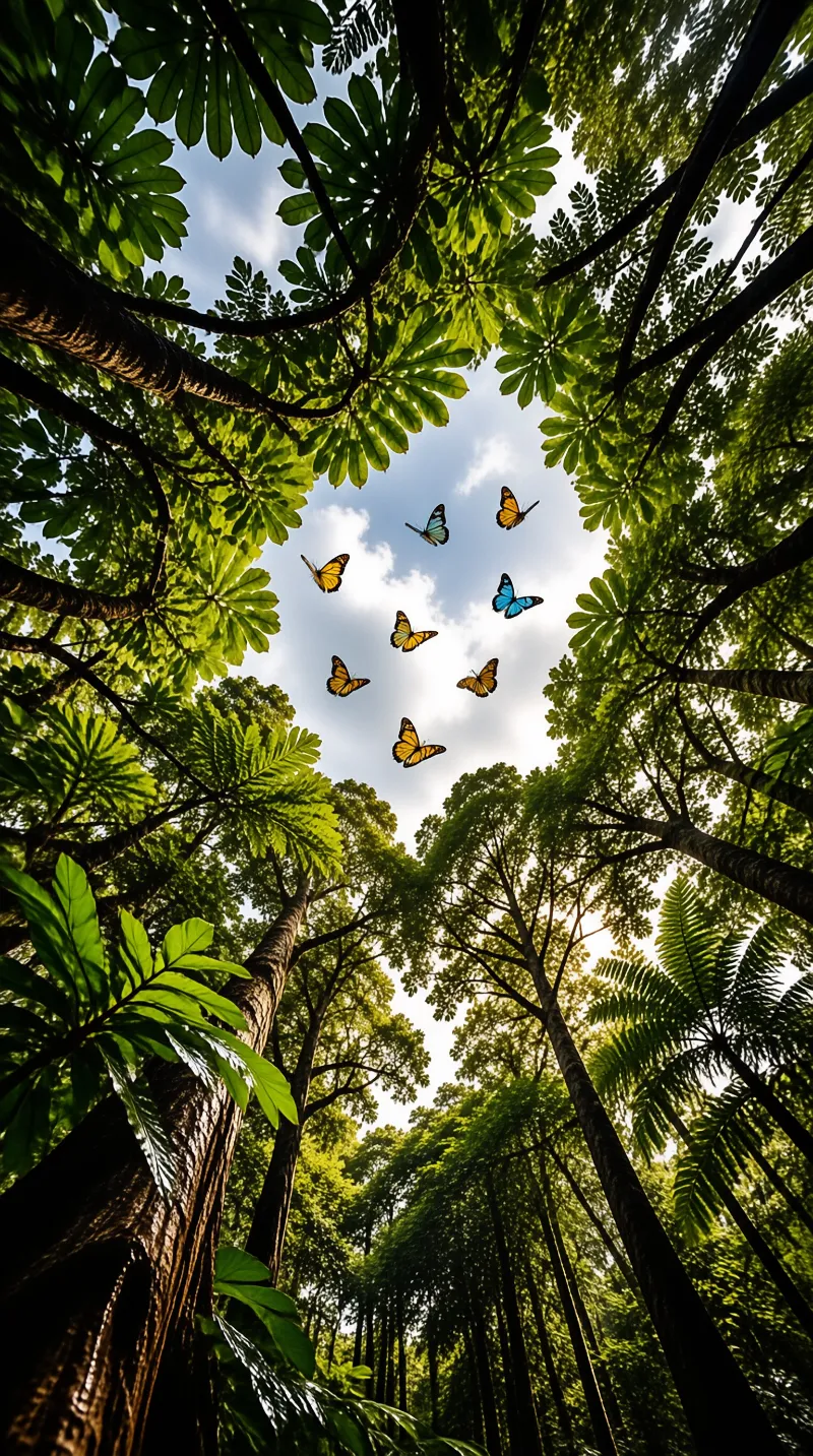 A group of colorful butterflies fly in a circle against a blue sky framed by tall green trees.