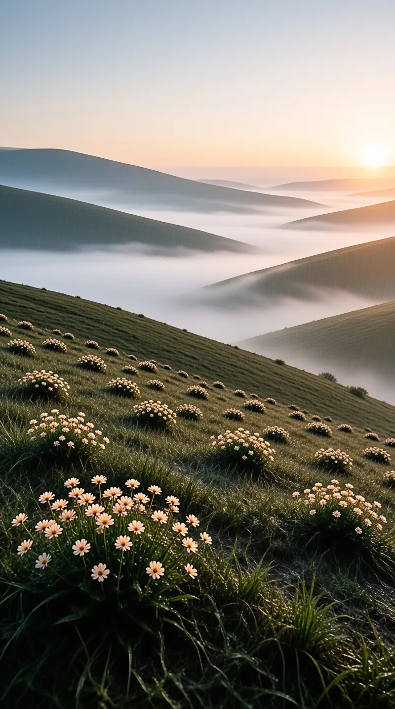 Rolling green hills stretch into the distance where thick white mist fills the valleys between them, while clusters of small white flowers with yellow centers grow in the foreground grass on the sloping hillside under warm golden sunlight streaming from the right side of the frame that creates a soft gradient sky trans