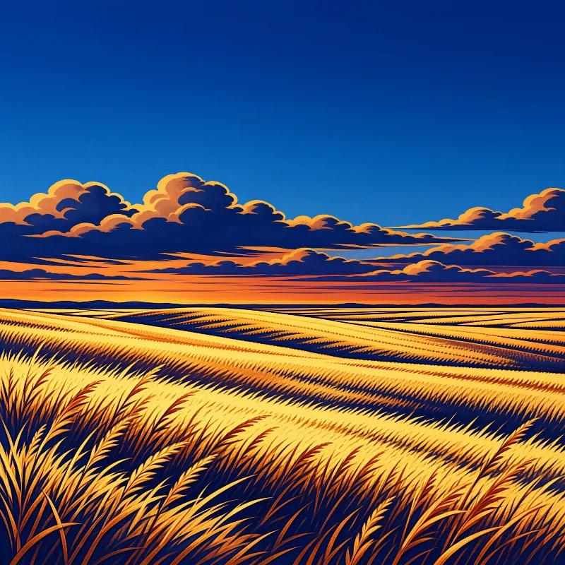 A stylized painting sweeps golden wheat rows toward distant hills beneath a deep blue sky stacked with orange-lit clouds.