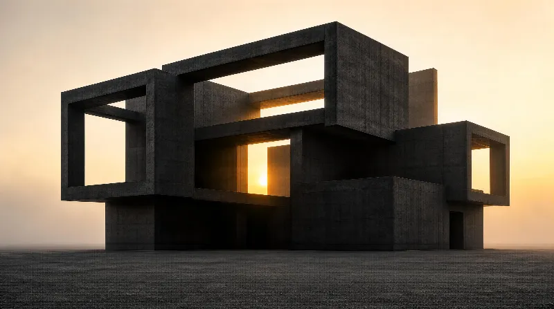 A large structure of interconnected concrete cubes stands on a flat salt flat, with the setting sun casting warm golden light through its rectangular openings.