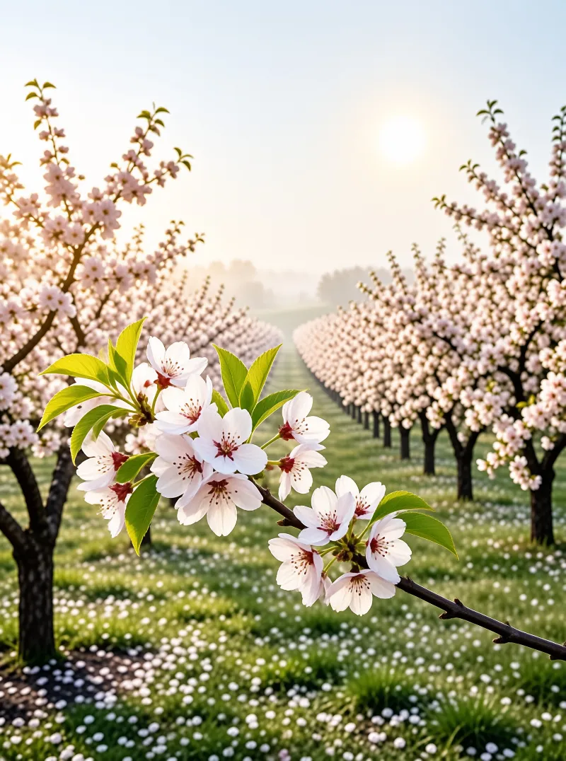 A close-up view of a branch covered in delicate white and pink blossoms with green leaves stretches across the foreground. Behind it, rows of trees line a green field dotted with small white flowers. The sun shines brightly through a hazy sky, creating a warm glow over the orchard landscape that fades into the distance