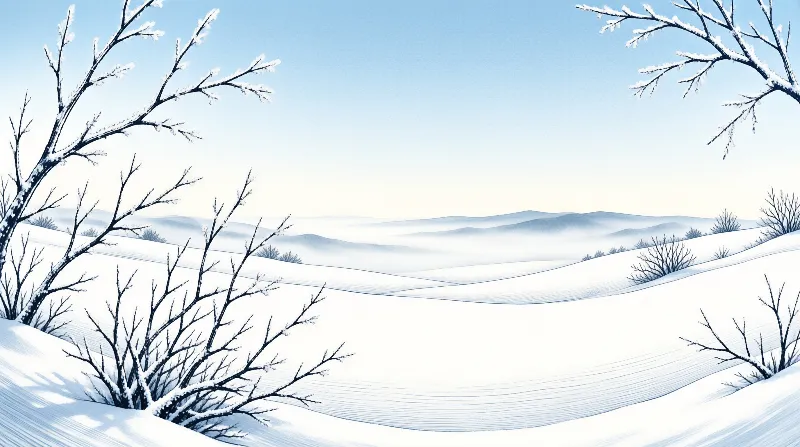 Leafless branches reach toward a pale sky above rolling hills covered in smooth untouched white snow.