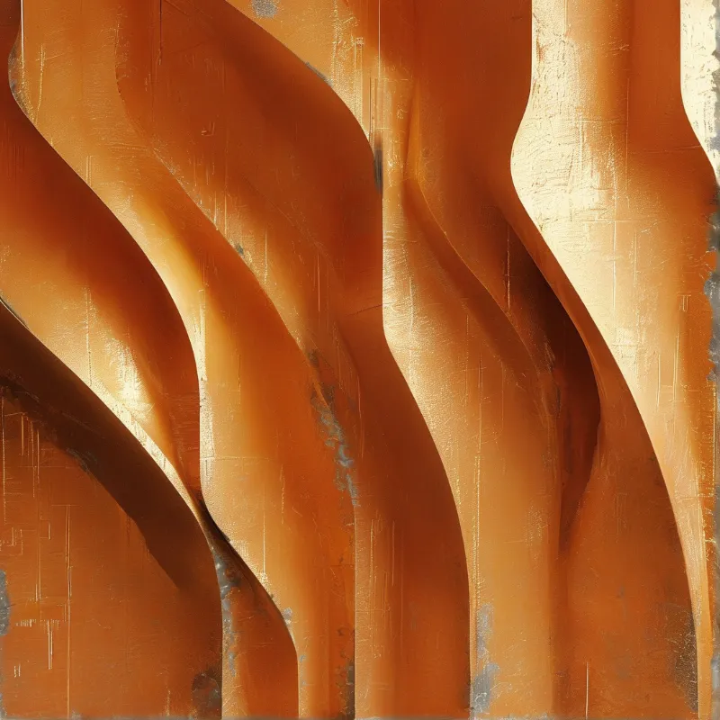A warped metallic panel with vertical striations and warm amber hues with uneven worn edges in soft bright lighting.