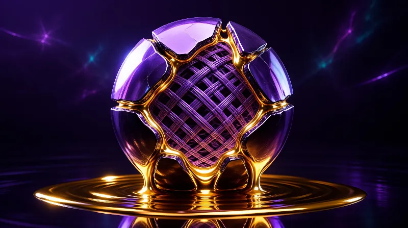 A cracked purple glass orb reveals a woven interior while molten gold flows down its exterior onto a reflective circular platform against a dark cosmic background with starburst light effects.