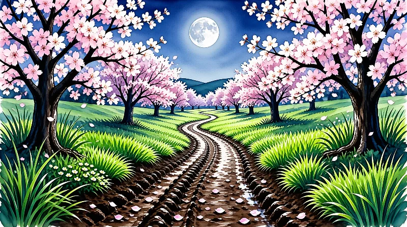 A curved muddy rutted road runs between rows of blooming pink cherry trees, the bright full moon hangs over green rolling hills at dusk.