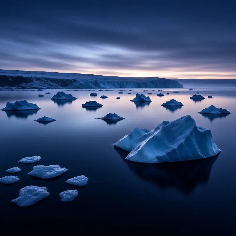 A massive blue iceberg sits in still water surrounded by smaller floes, with a distant glacier and twilight sky behind.