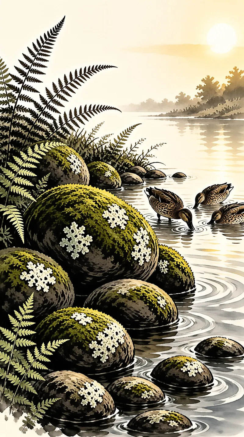 Green mossy rocks and ferns border a calm pond where ducks drink water under a glowing sun.