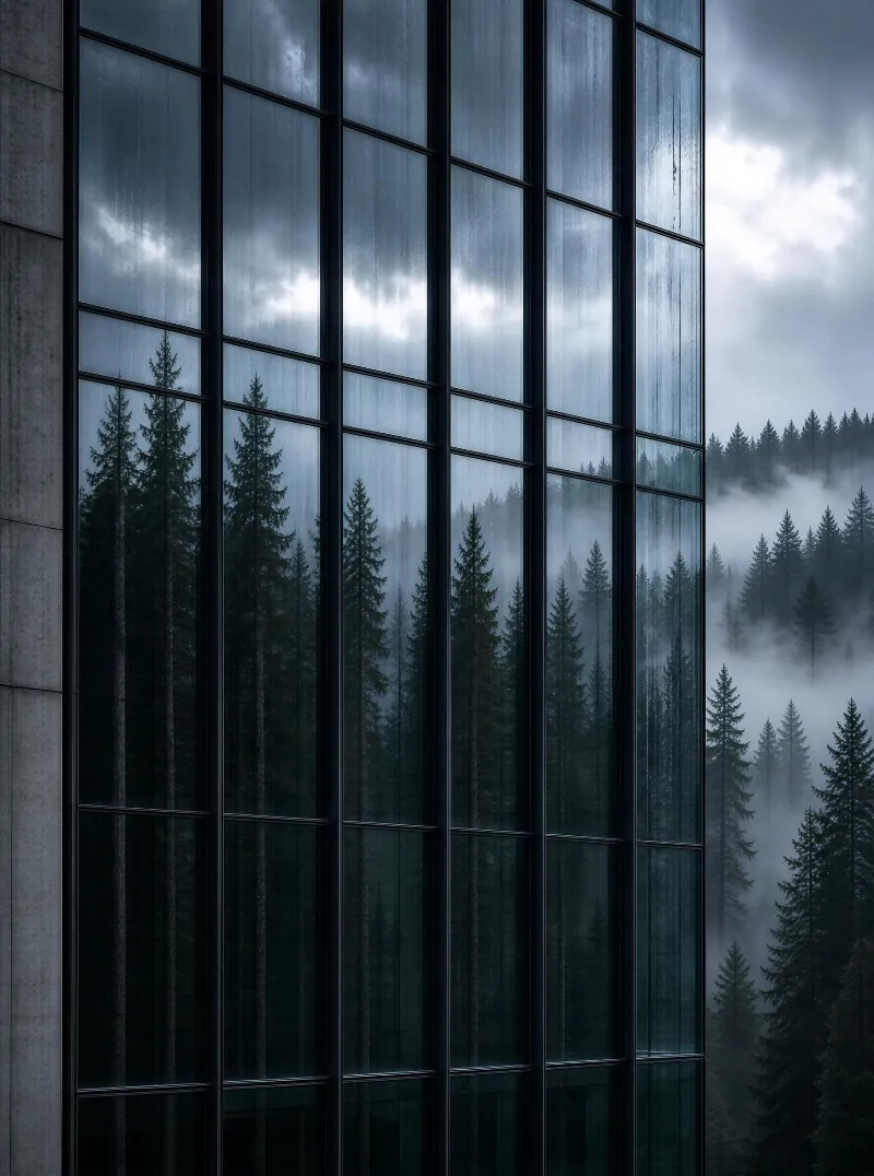 Glass Facade Reflecting Forest