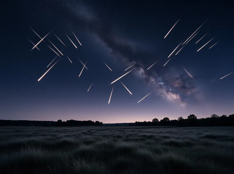 Meteor streaks cross a deep blue night sky above a dark grassy field and distant tree line during a meteor shower.