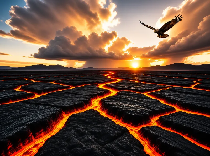 A bald eagle soars above a landscape of dark cracked earth glowing with bright orange lava streams near sunset.
