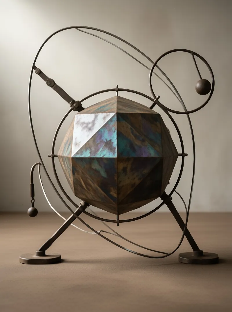 A colorful polyhedron is encased in a dark metal wire frame standing on a beige floor with soft shadows.