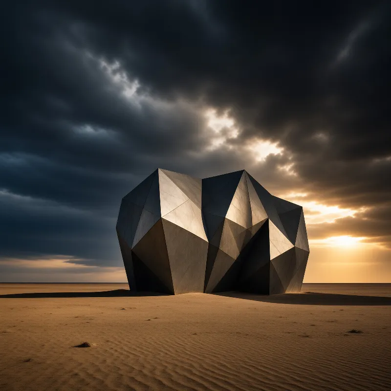 A massive angular building sits isolated in the sand beneath dark clouds and bright sunlight.
