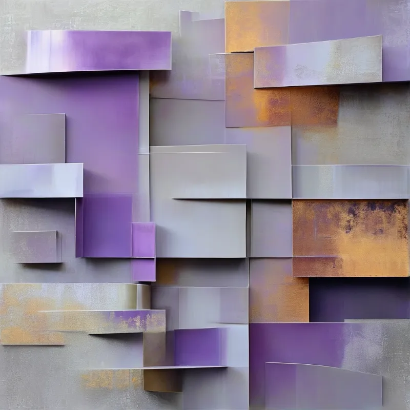 Relief composition of overlapping rectangular sheets in lilac, grey and corroded copper tones mounted on bare concrete