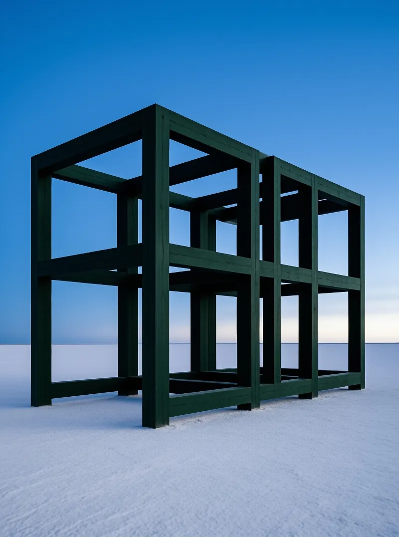 A dark green wooden frame stands on a white salt flat under a gradient blue dawn sky, casting soft shadow on the flat ground.
