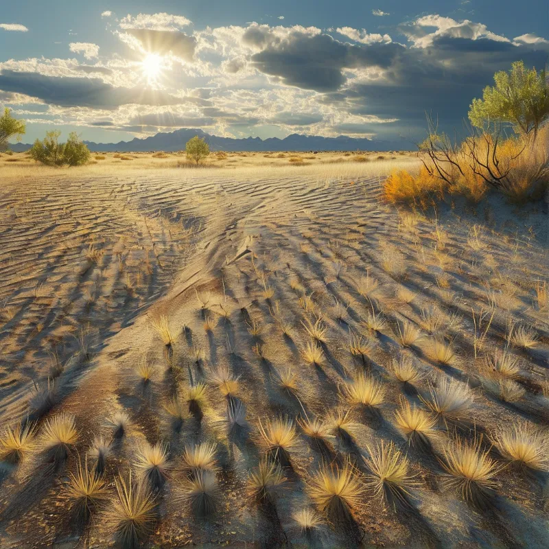 Wind-rippled sand stretches toward low mountains, dotted with golden grass tufts as sunlight bursts through heavy clouds.