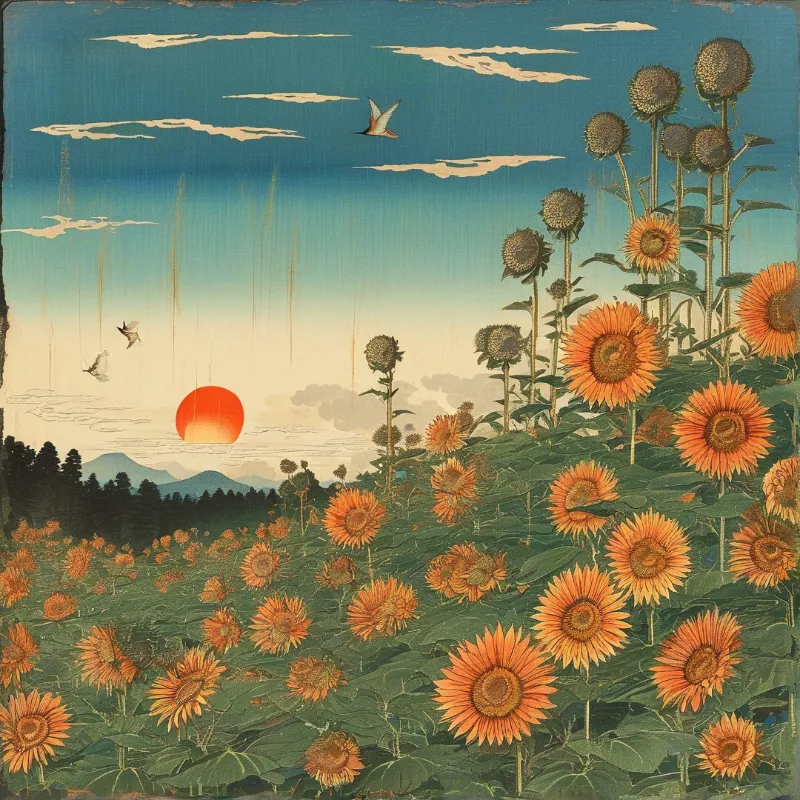 A field of sunflowers stretches under a blue sky with a red sun setting behind distant mountains