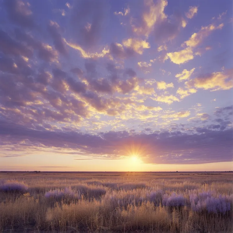 A vast field of dry grass and purple bushes stretches toward a bright sun shining through scattered yellow clouds.