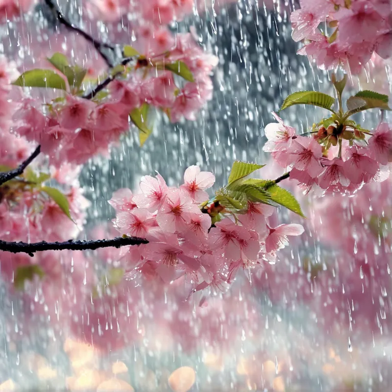 Clusters of pale pink sakura flowers hang from dark branches while heavy rain streaks fall behind.