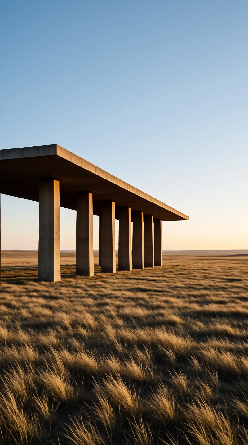 A minimalist concrete roof supported by pillars stands in a vast field of dry grass under a clear sky during sunset.