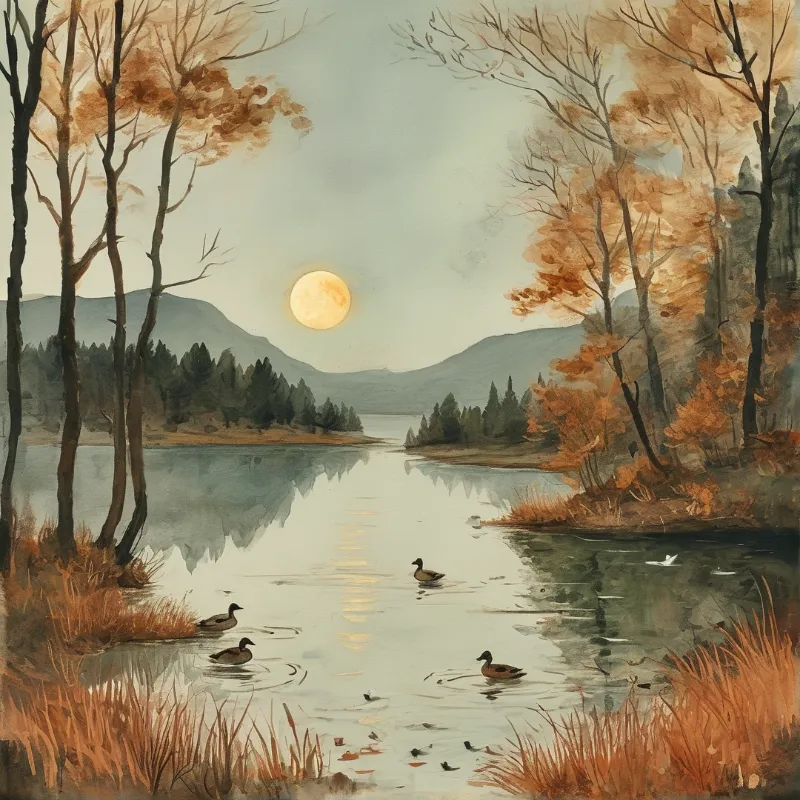 Watercolor painting of ducks floating on a calm lake with autumn trees and a bright moon over distant mountains.