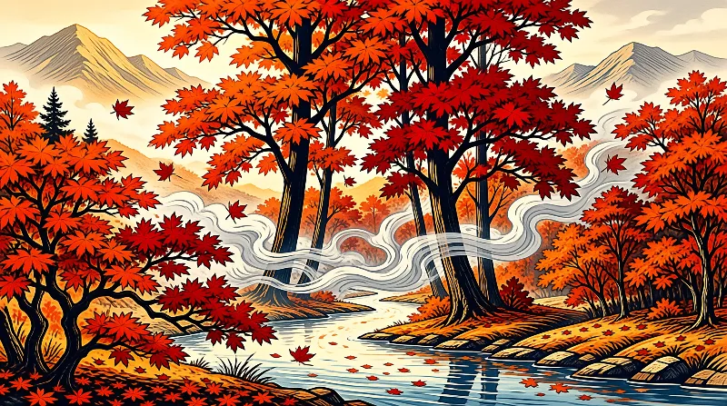 Bright red and orange maple trees line a meandering river winding through a misty autumn valley with sunlit mountain ranges behind