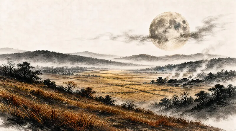 A large, detailed full moon hangs over a rural landscape with golden farmlands, misty hills, and traditional farmhouses emitting smoke.