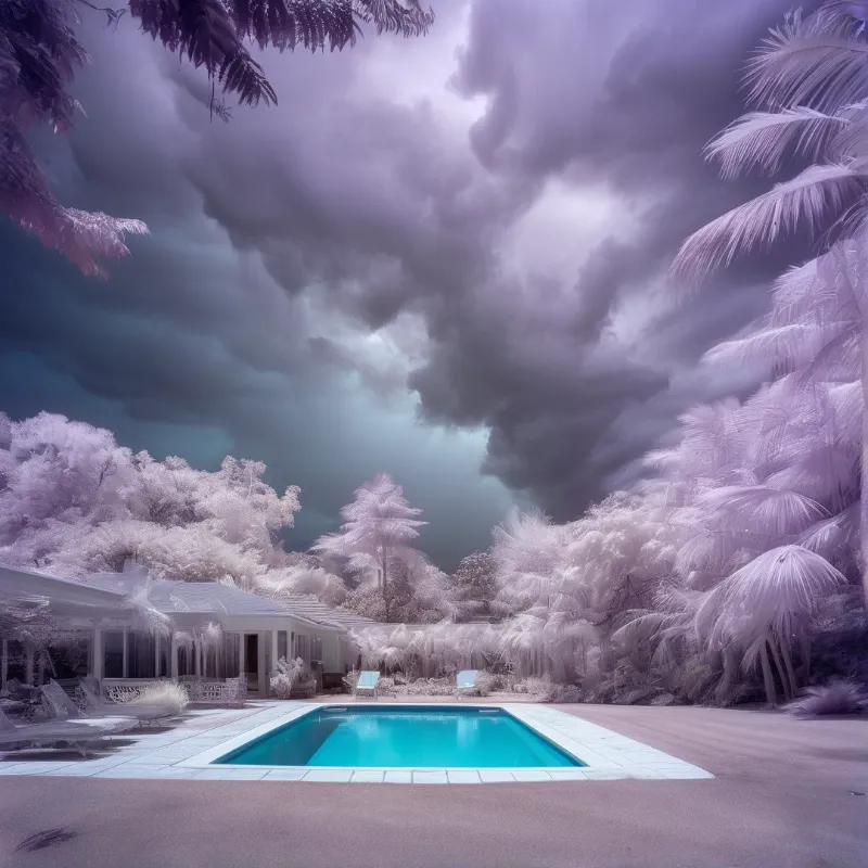 Bright blue pool surrounded by white tropical trees under heavy dark storm clouds.