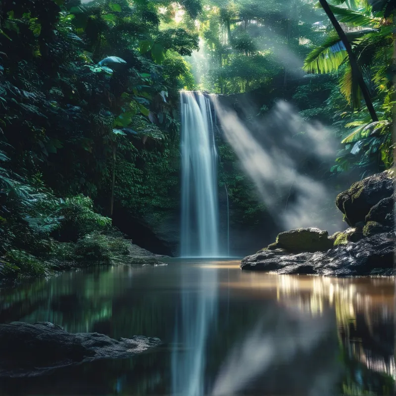 A tall waterfall drops into a calm pool surrounded by thick vegetation and illuminated by rays of sunlight.