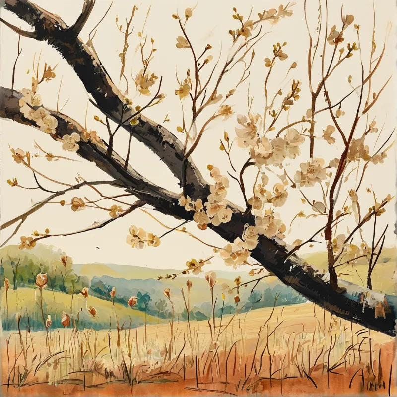 A dark tree branch with cream blossoms extends across rolling green and golden fields under a pale sky.
