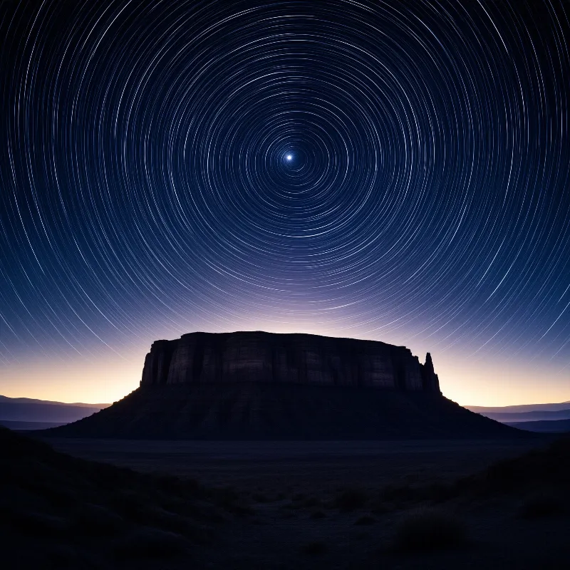 A silhouetted mesa rises against a deep blue sky filled with swirling white star trails near the horizon.