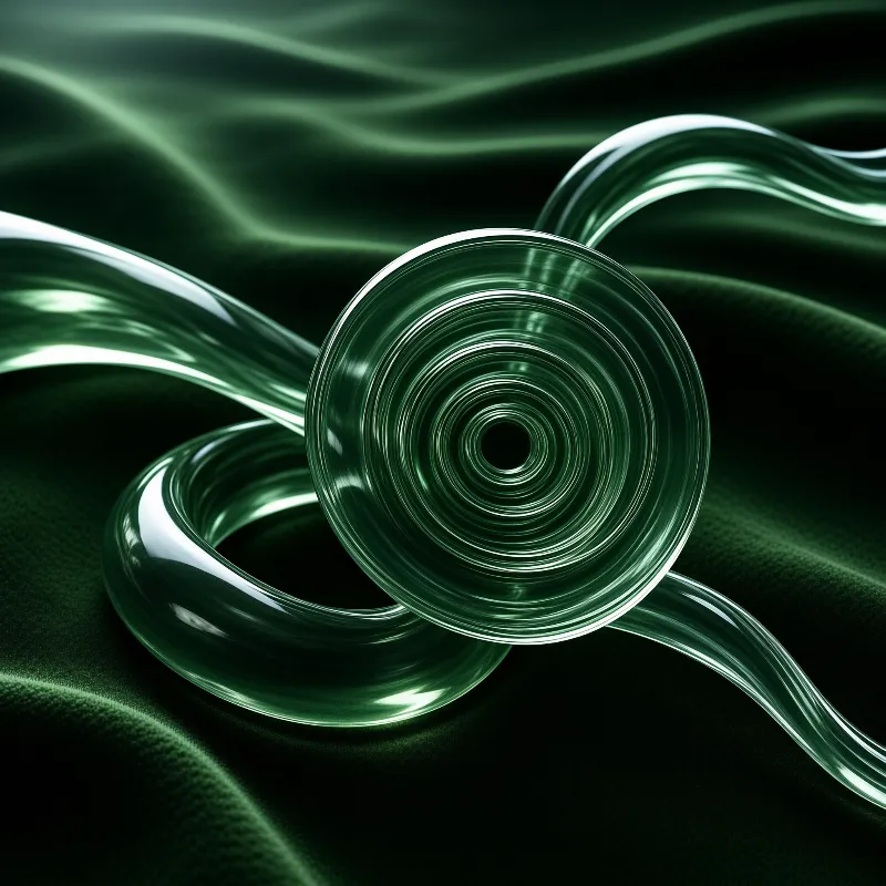 A polished green coiled glass spiral rests on dark emerald velvet, with soft light reflecting off its smooth glossy curved surfaces.