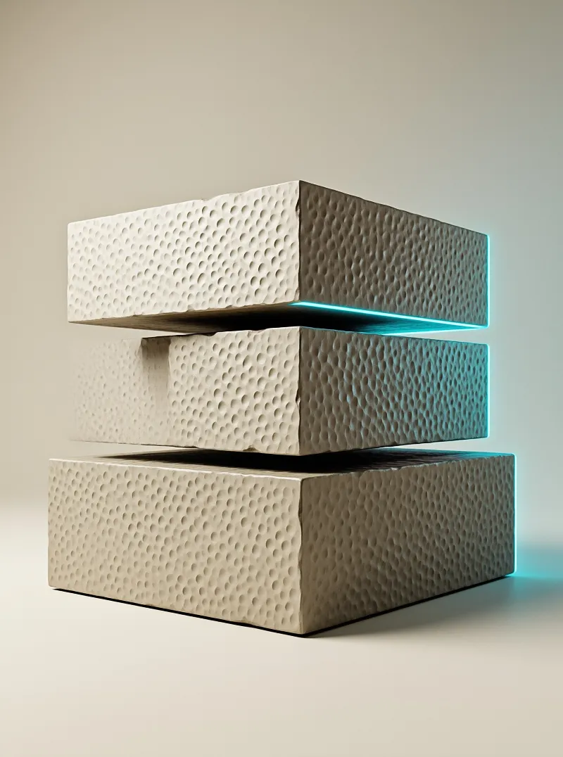 Three porous beige architectural blocks are stacked vertically with blue neon lines illuminating the spaces between them.
