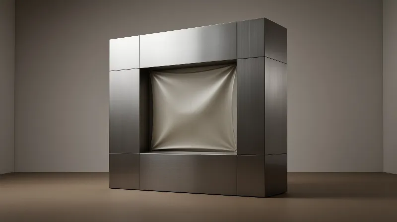 A large brushed metal cube features a recessed center filled with a soft beige cushion against a plain grey wall background.