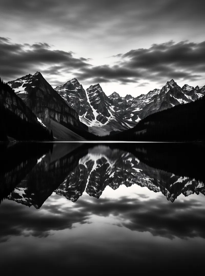 A monochromatic landscape capturing rugged snow-dusted peaks and clouds mirrored in the surface of a placid lake.