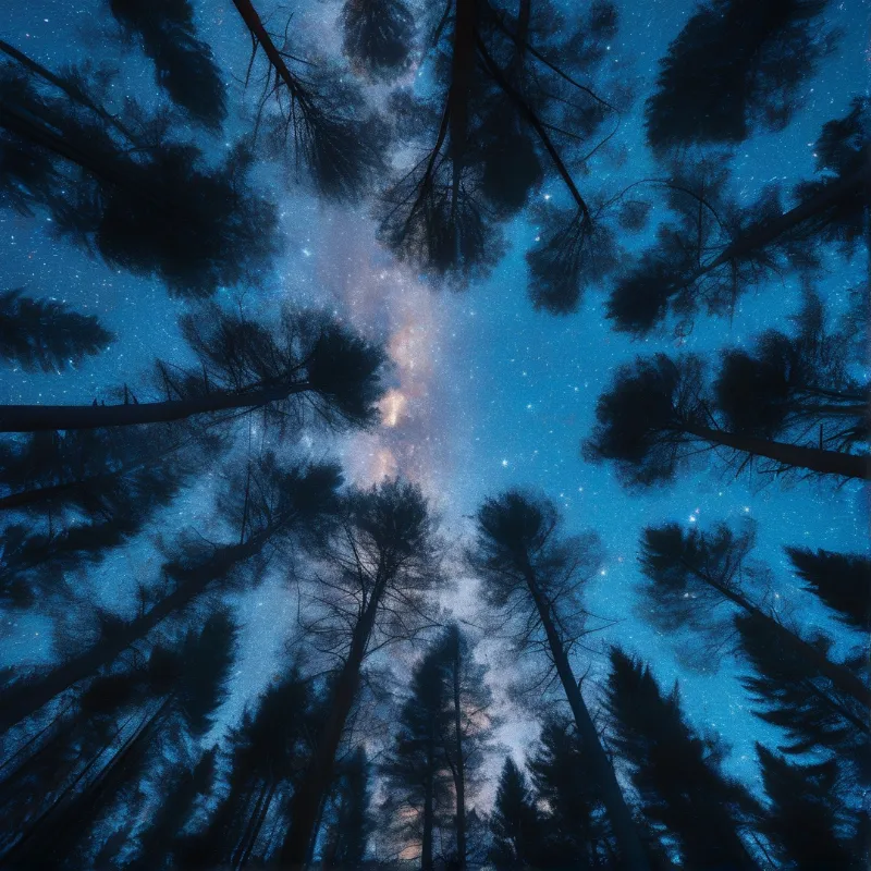 Looking up through dark forest trees reveals the Milky Way galaxy stretching across a deep blue starry night sky.