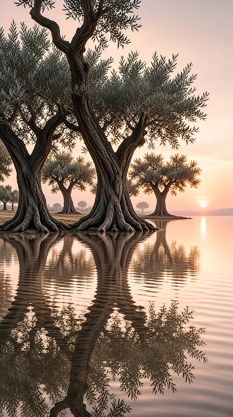 Ancient olive trees stand in shallow water with their reflections clearly visible during a soft pink sunset.