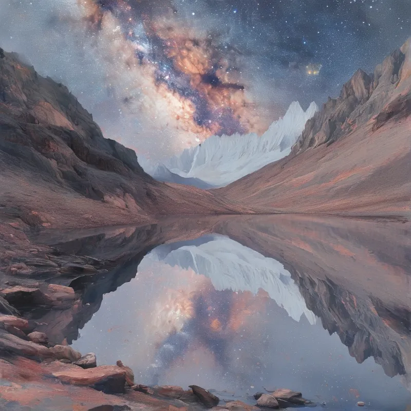 A serene mountain landscape where a distant glacier and vibrant cosmic nebula are mirrored in a still lake.