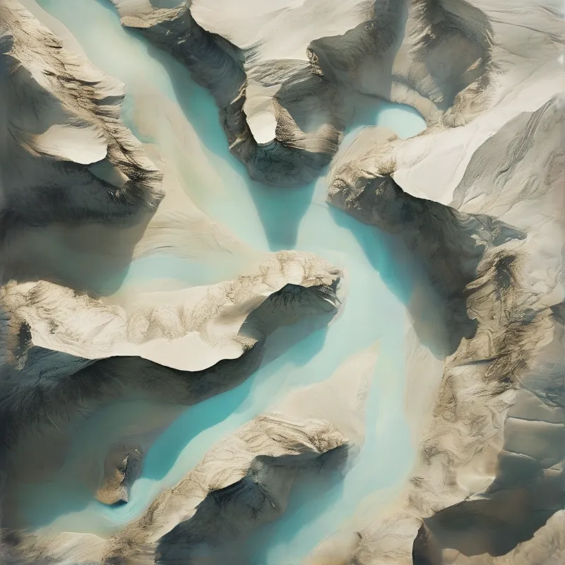An aerial view traces milky turquoise meltwater weaving through soft ridges of grey volcanic ash.