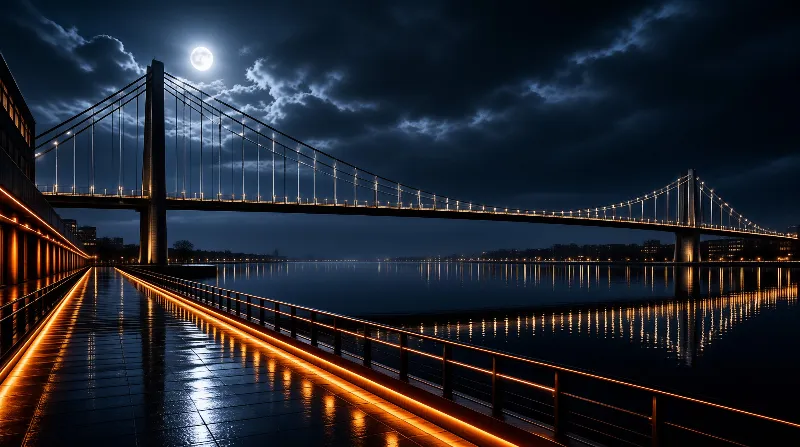 A suspension bridge spans a dark river at night with amber lights reflecting on water beneath a cloudy sky and full moon.