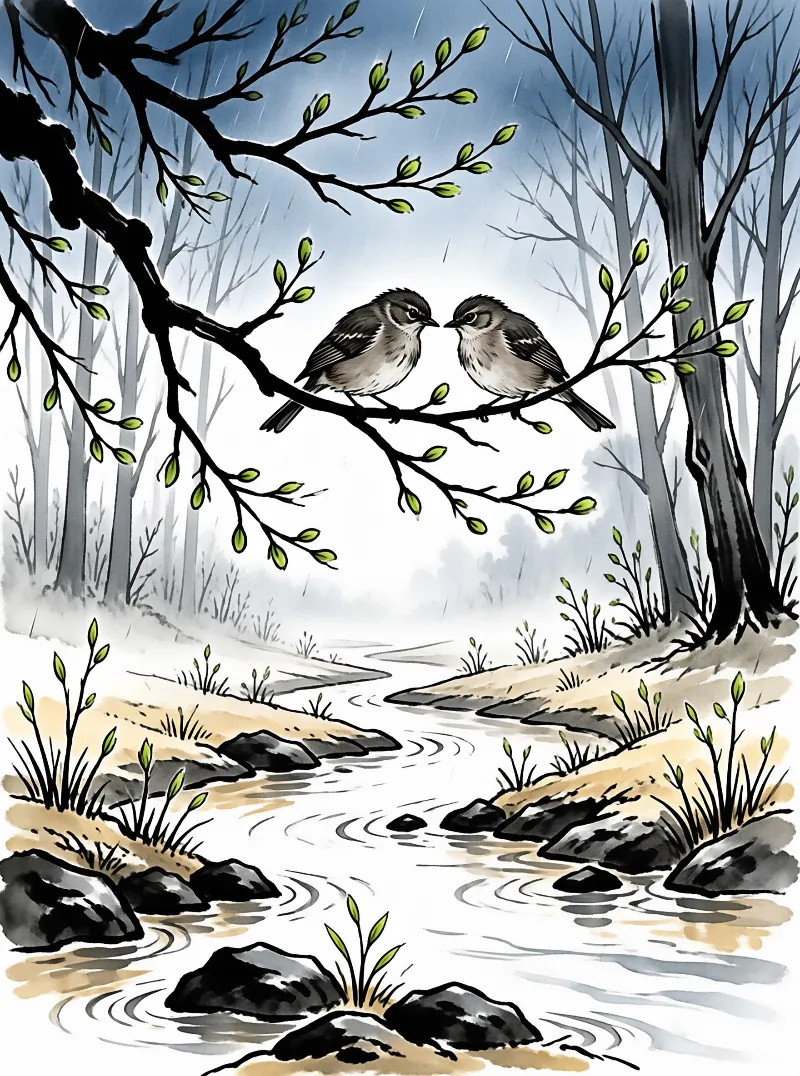Two birds facing each other on a budding branch above a rocky stream in a foggy early spring forest.