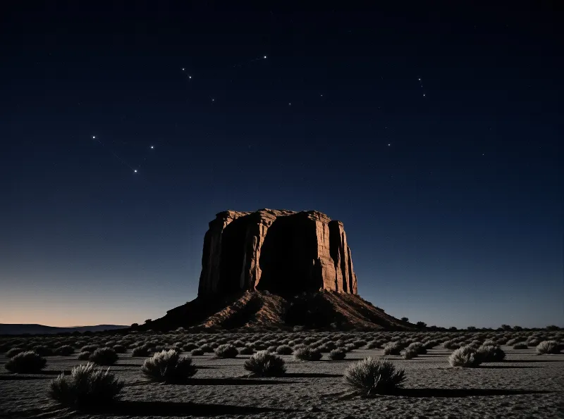 A sandstone mesa holds the last warm glow of dusk while constellations prick a deep blue vault above sparse desert brush