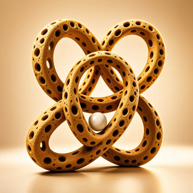 A three loop golden porous knot sculpture cradles a single smooth white pearl in a warm minimal studio setting.