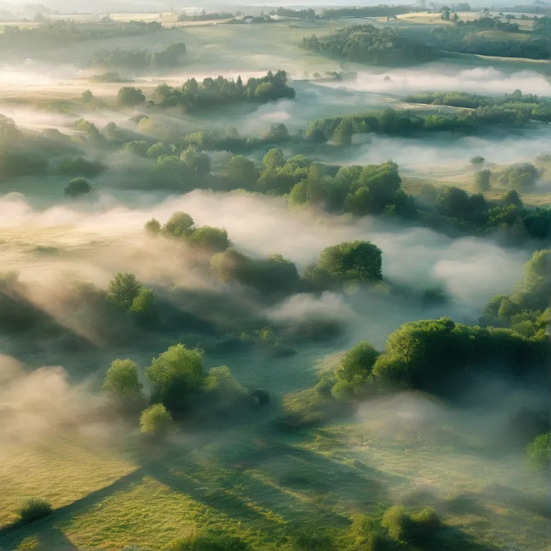 Misty Dawn Over Green Hills