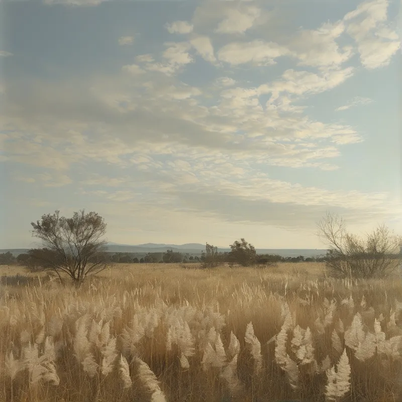 A wide landscape showing tall fluffy grasses stretching toward a tree line and faint mountains beneath a soft cloudy sky.