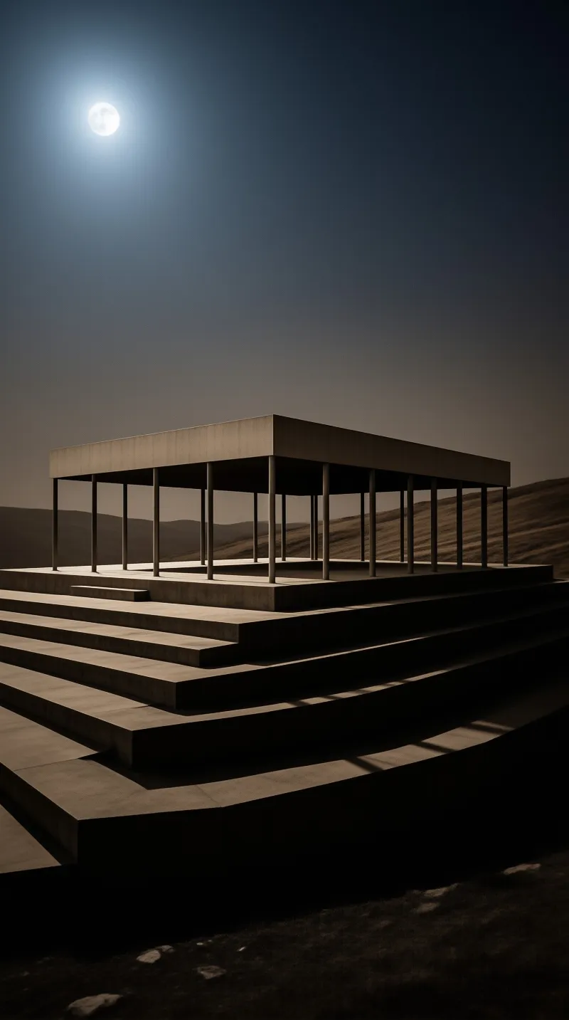 A minimalist concrete colonnade with a stepped platform stands in a dark desert beneath a bright full moon.