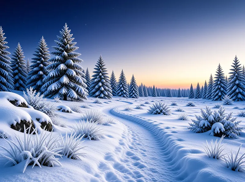 A winter path winds between evergreens bowed under fresh powder while the last orange light fades beneath a darkening sky.